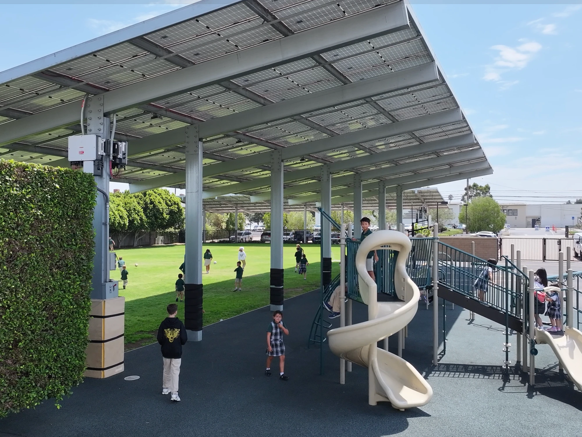 Playground and shaded field at the Page Academy Costa Mesa campus