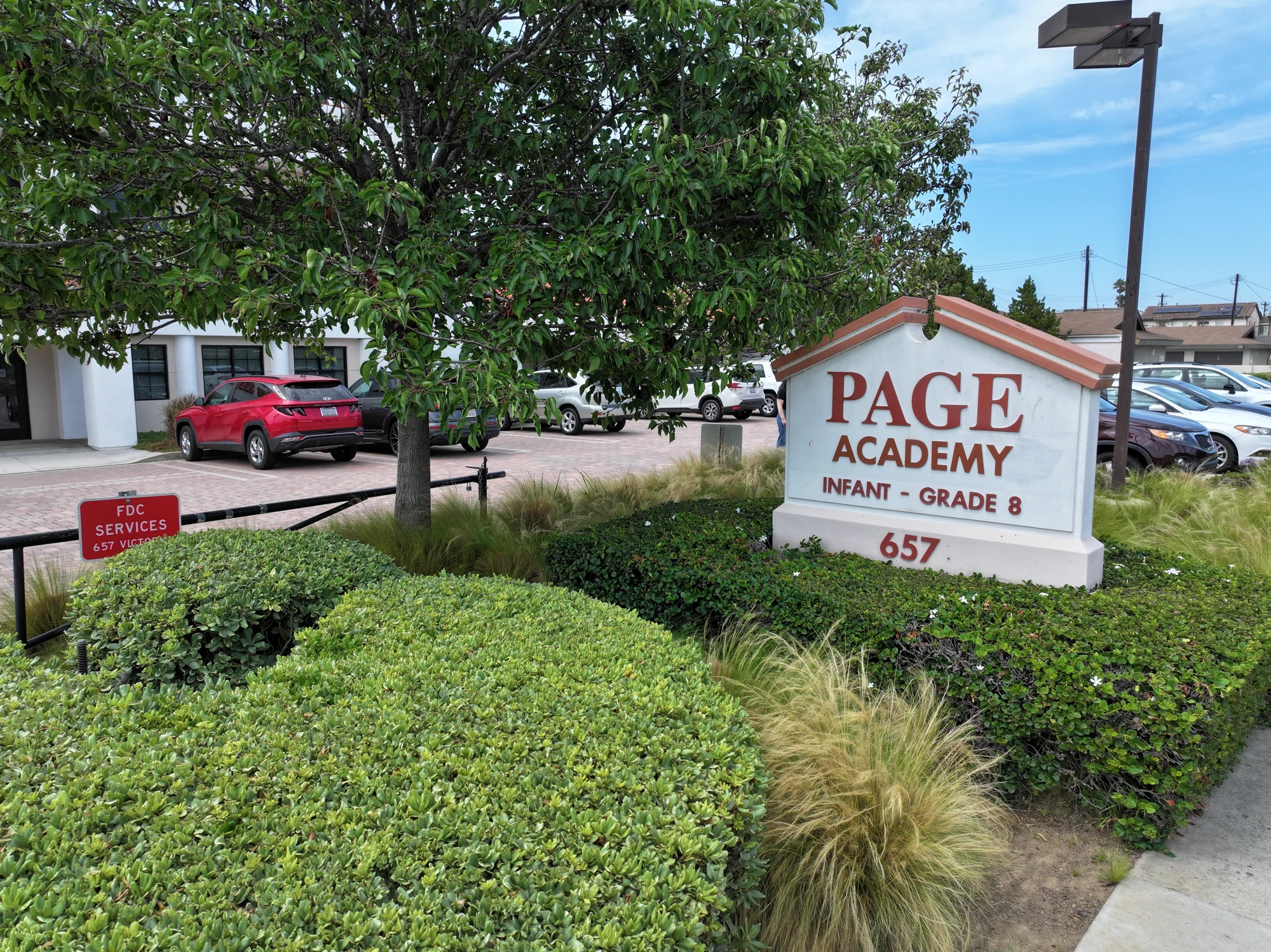 The Page Academy sign at 657 Victoria Street in Costa Mesa