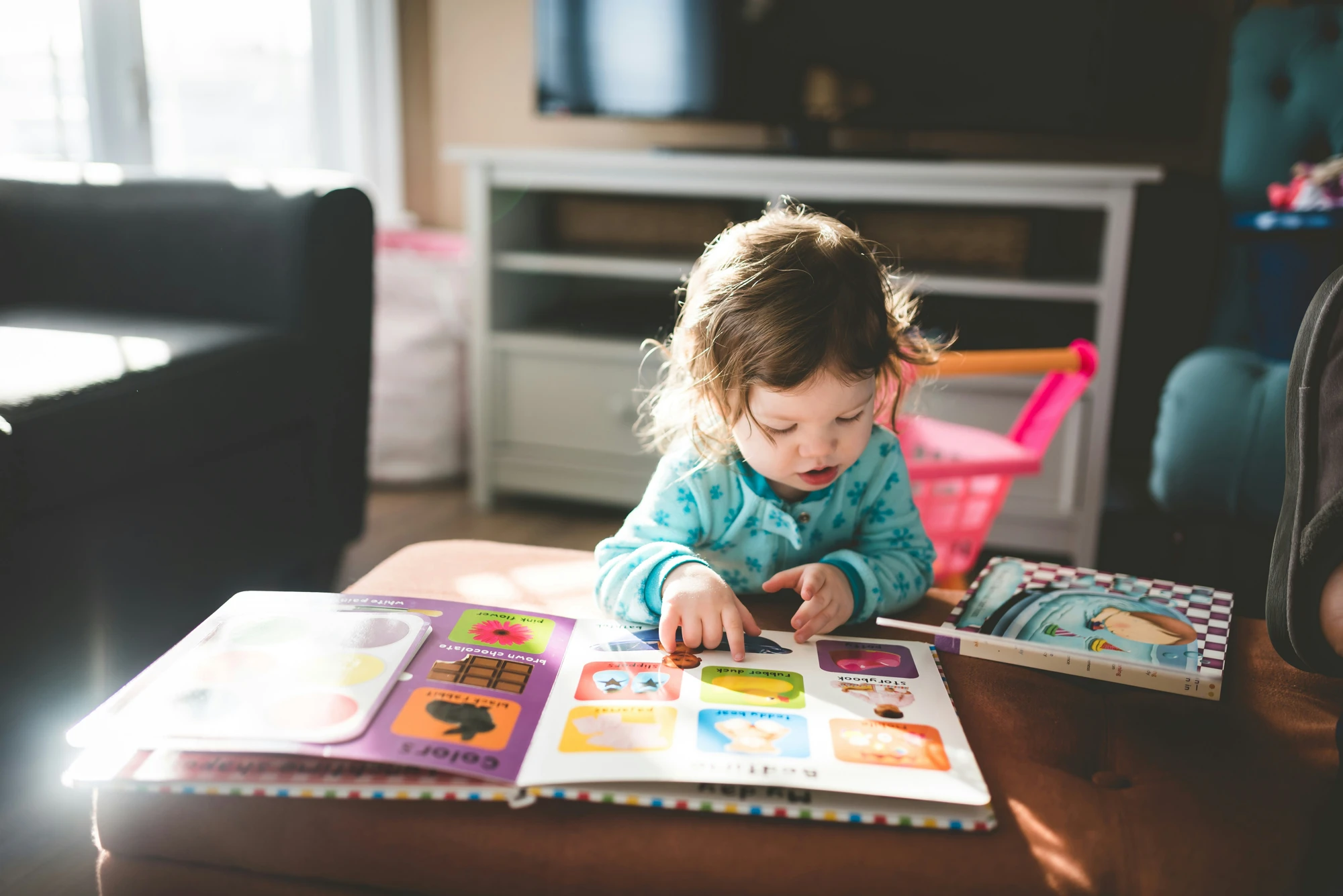 Toddler looking through a picture book